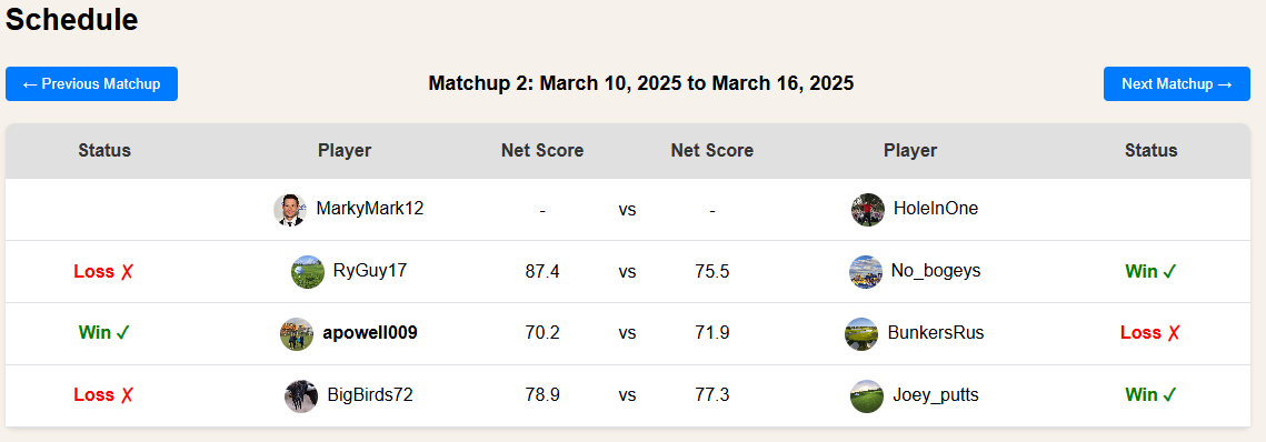Ready Golf League match schedule showing head-to-head golf matchups